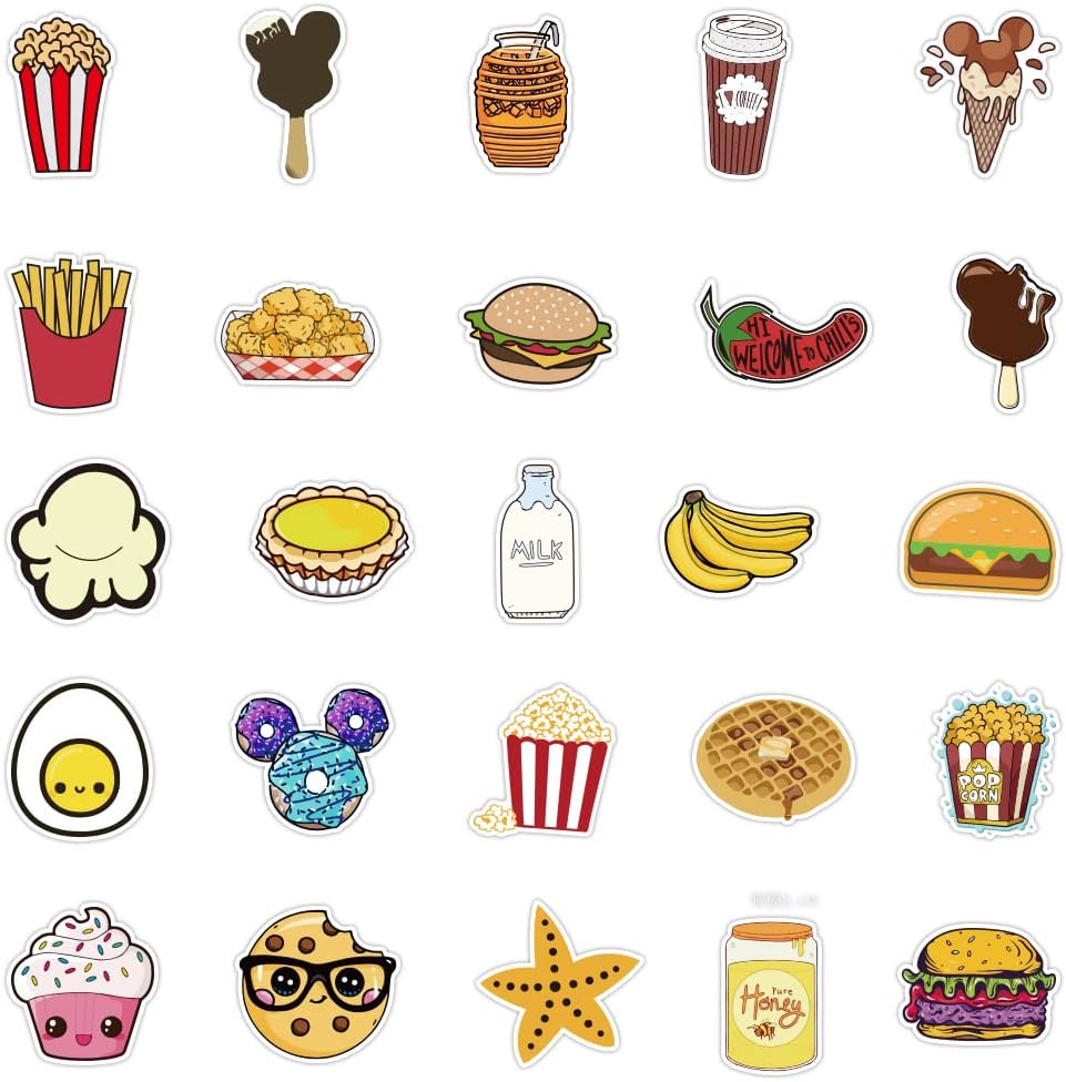 50 Pcs Vinyl Sticker of Food, Drinks, Snacks Waterproof Stickers Bomb for Wall, Computer, Laptop, Skateboard, Water Bottle, Mug, Kids Scrapbook Gift for Birthday, Christmas, Thanksgiving