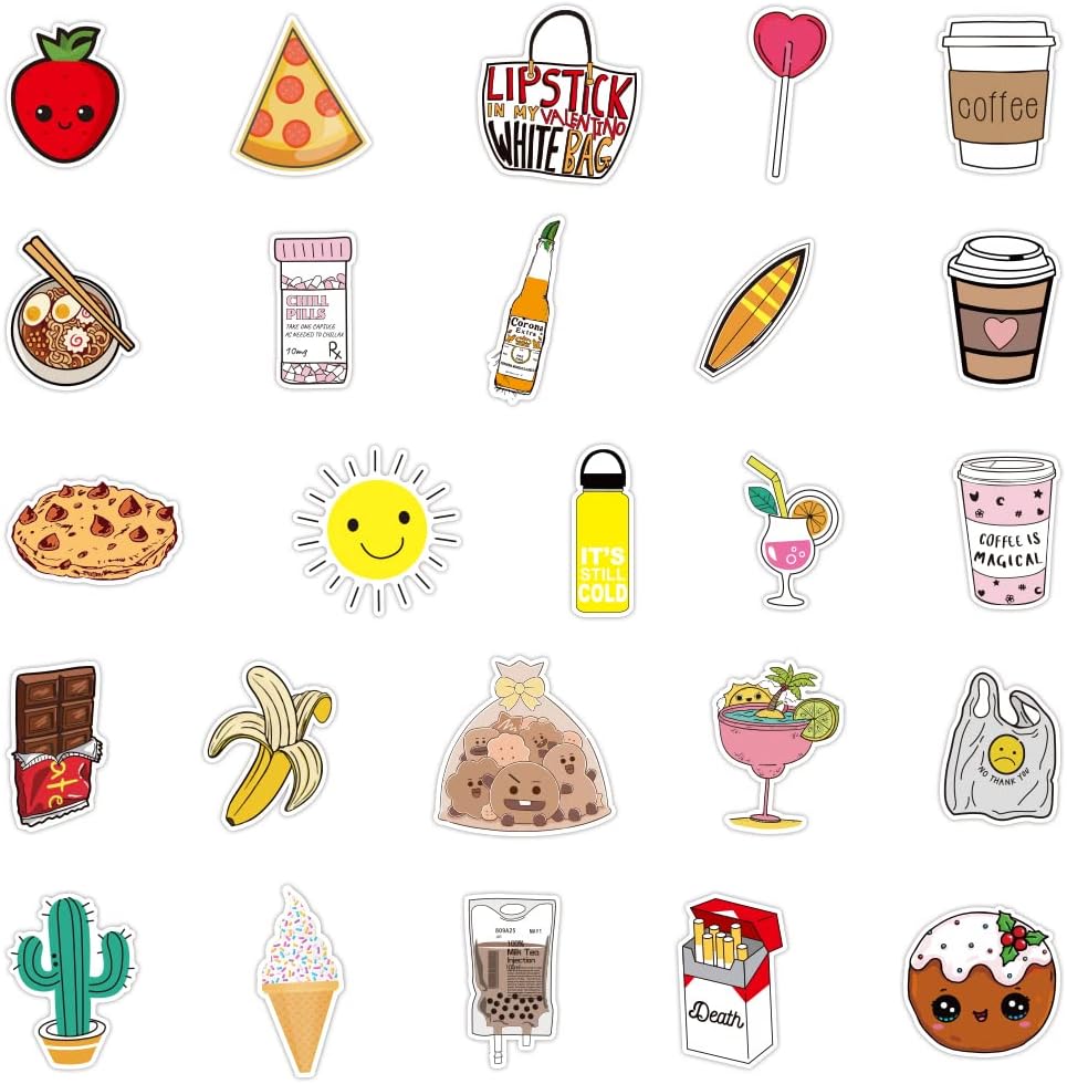 50 Pcs Vinyl Sticker of Food, Drinks, Snacks Waterproof Stickers Bomb for Wall, Computer, Laptop, Skateboard, Water Bottle, Mug, Kids Scrapbook Gift for Birthday, Christmas, Thanksgiving