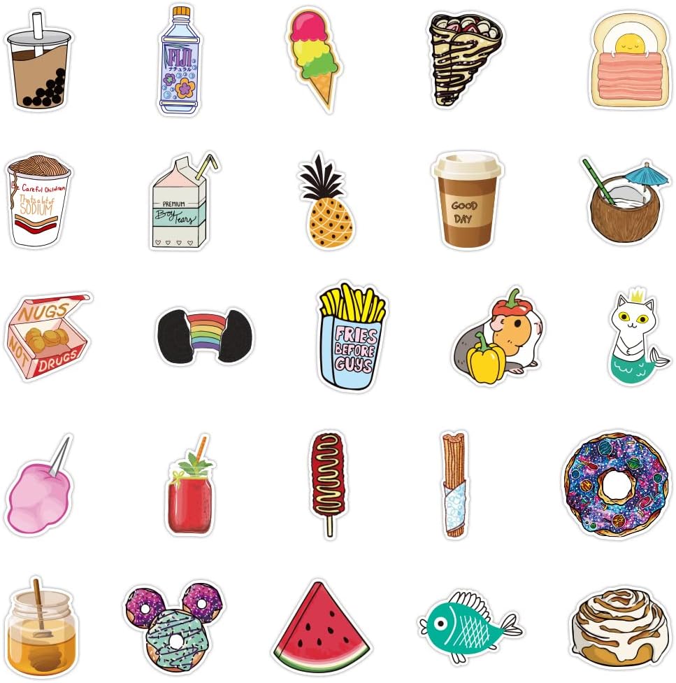 50 Pcs Vinyl Sticker of Food, Drinks, Snacks Waterproof Stickers Bomb for Wall, Computer, Laptop, Skateboard, Water Bottle, Mug, Kids Scrapbook Gift for Birthday, Christmas, Thanksgiving