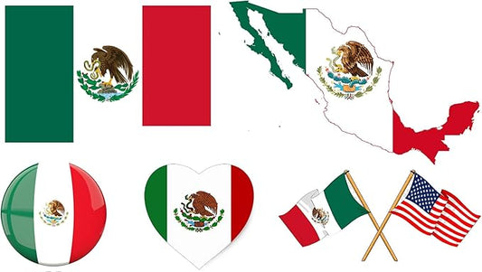 Set of 5 Mexico National Flag Themed Sticker Decal of Mexican Flag, Country Map, Pop Socket shape, Heart shape and one with USA Flag for Car, Phone, pop sockets, Laptop, Mug, Bottle, Textbooks