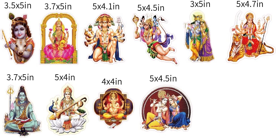 Set of 10 Hindu Gods Sticker Decals of Size 3x5 inches for Wall, Phone, Laptop, MacBook, car Window, car Decal, Bumper, Temple and Many More