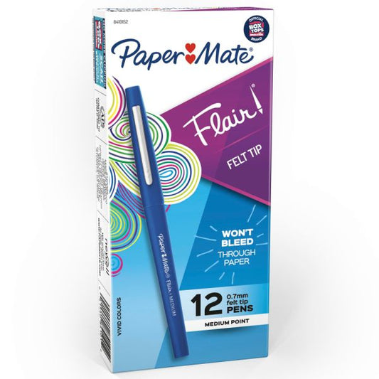 Paper Mate Flair Porous-Point Pens, Medium Point, 0.7 mm, Blue Barrel, Blue Ink, Pack Of 12