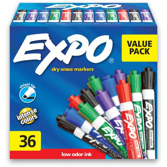 EXPO Low-Odor Dry-Erase Markers, Chisel Point, Assorted Colors, Pack Of 36